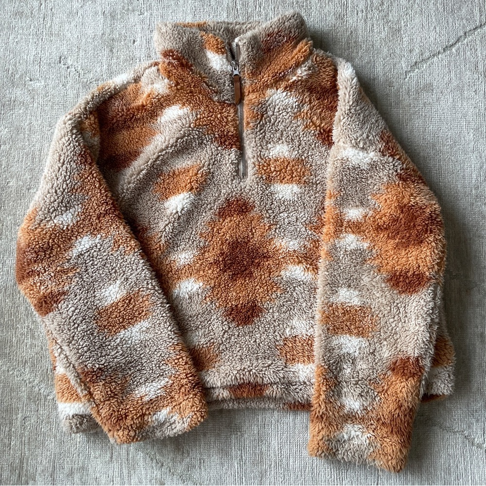 Thread + Supply Women S Tan Cropped Southwest Aztec Sherpa Half Zip Pullover